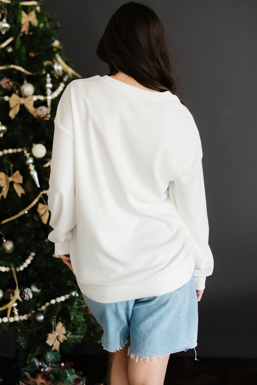 Merry Tinsel Letter Embroidery Ribbed Drop Shoulder Sweatshirt