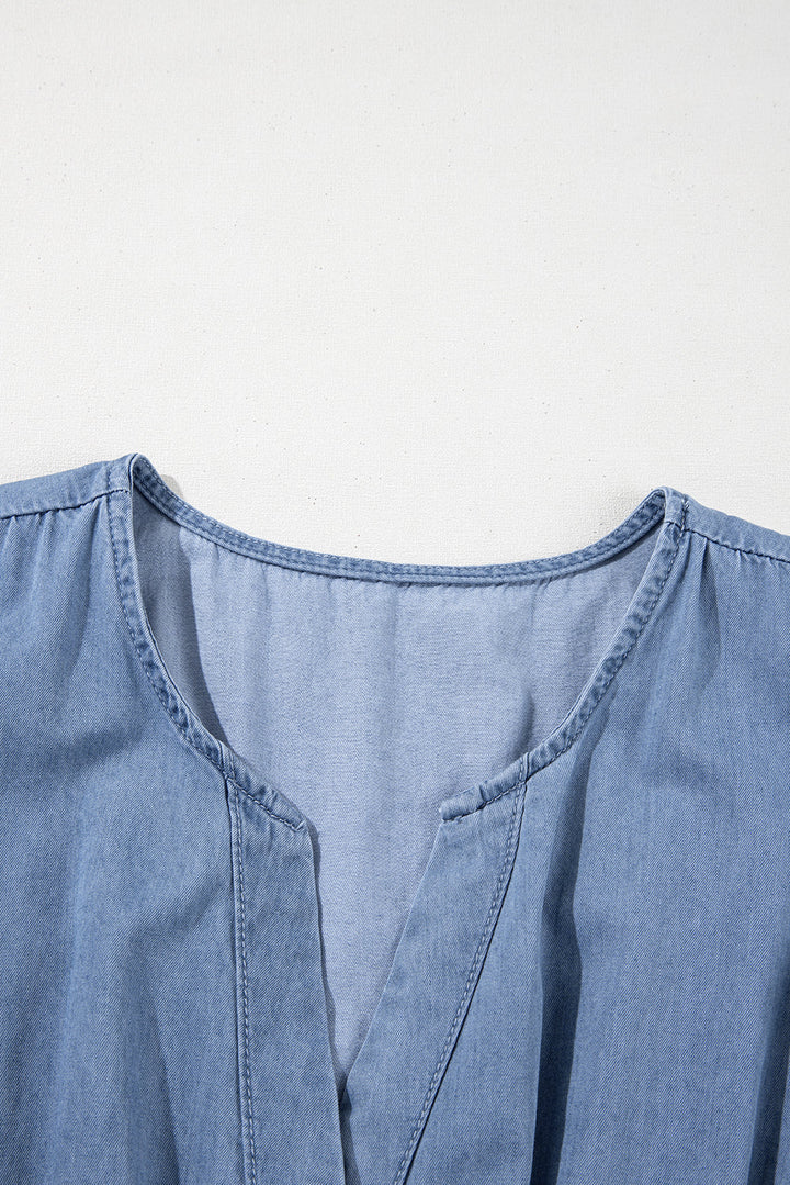Ruffled V Neck Smocked High Waist Denim Mini Dress