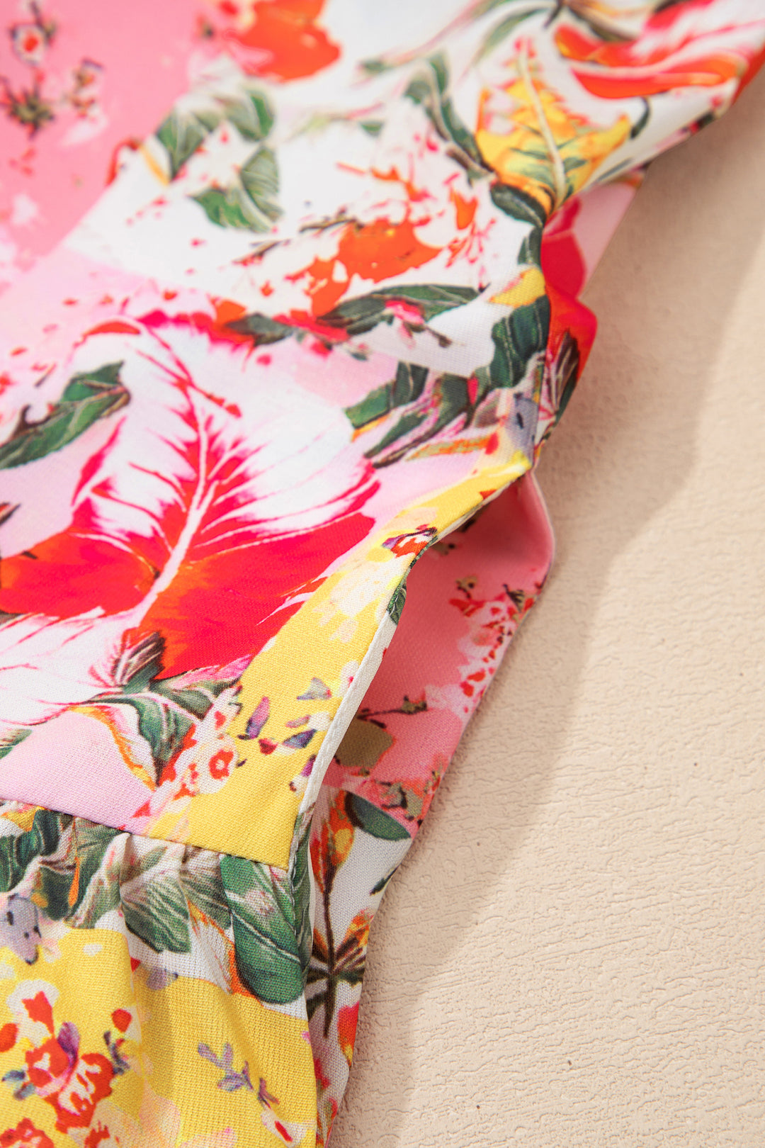 Pink Color Block Floral Print Contrast Trim V Neck Ruffle Hem Mini Dress
