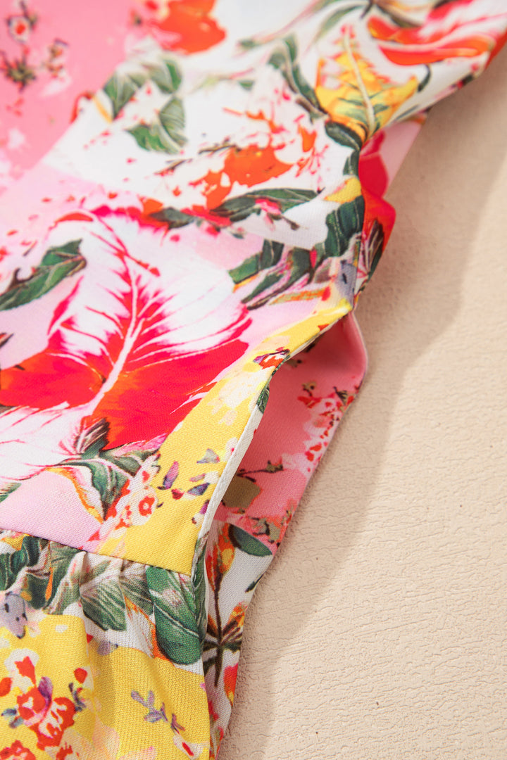 Pink Color Block Floral Print Contrast Trim V Neck Ruffle Hem Mini Dress
