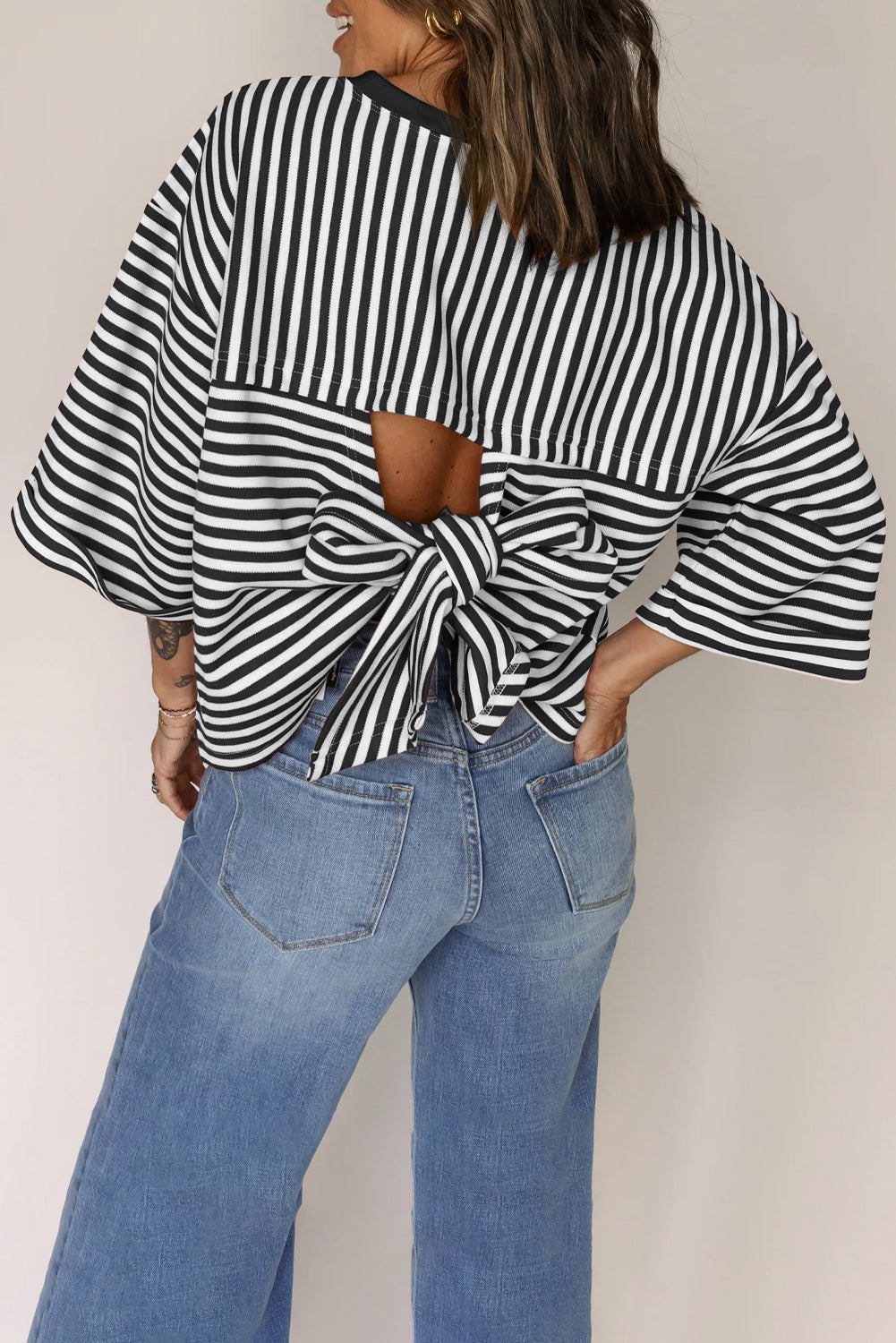 Bowknot Cutout Back Drop Shoulder Wide Bracelet Sleeve Loose Tee