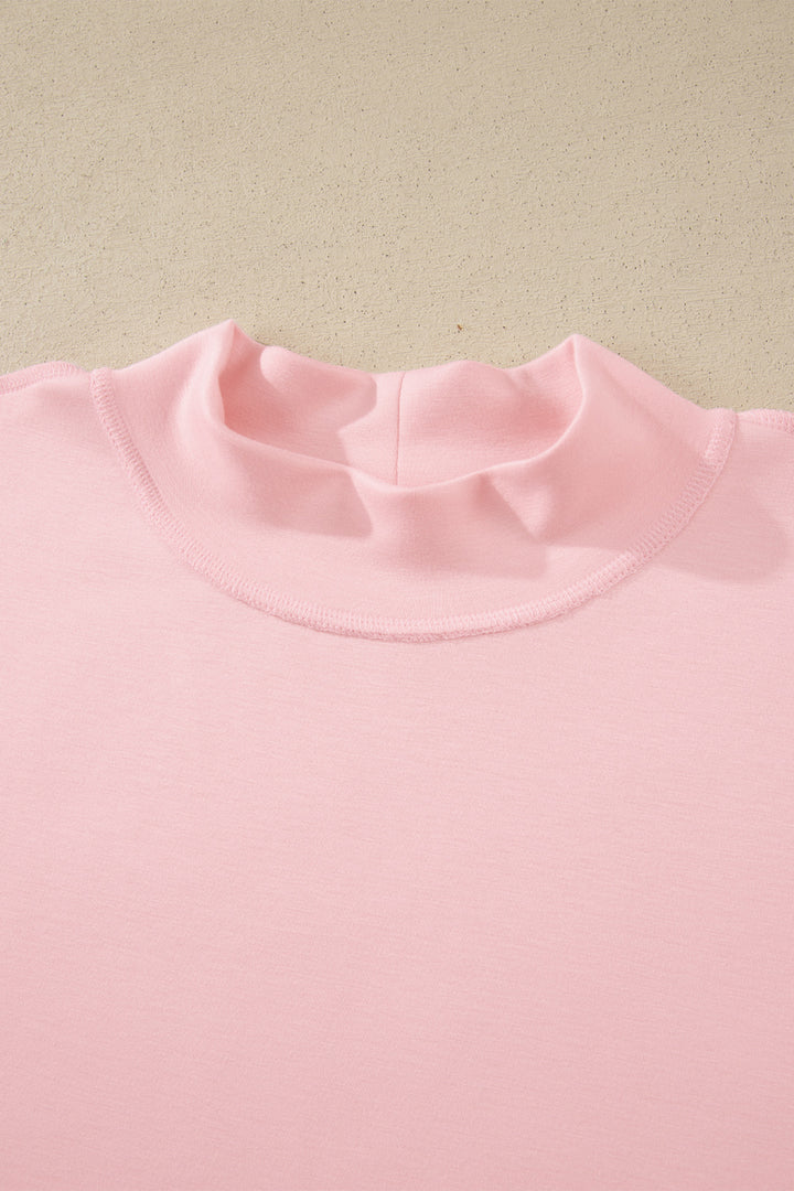 Light Pink Solid Color Exposed Seam Mock Neck Oversize Tee Casual Shorts 2pcs Outfit