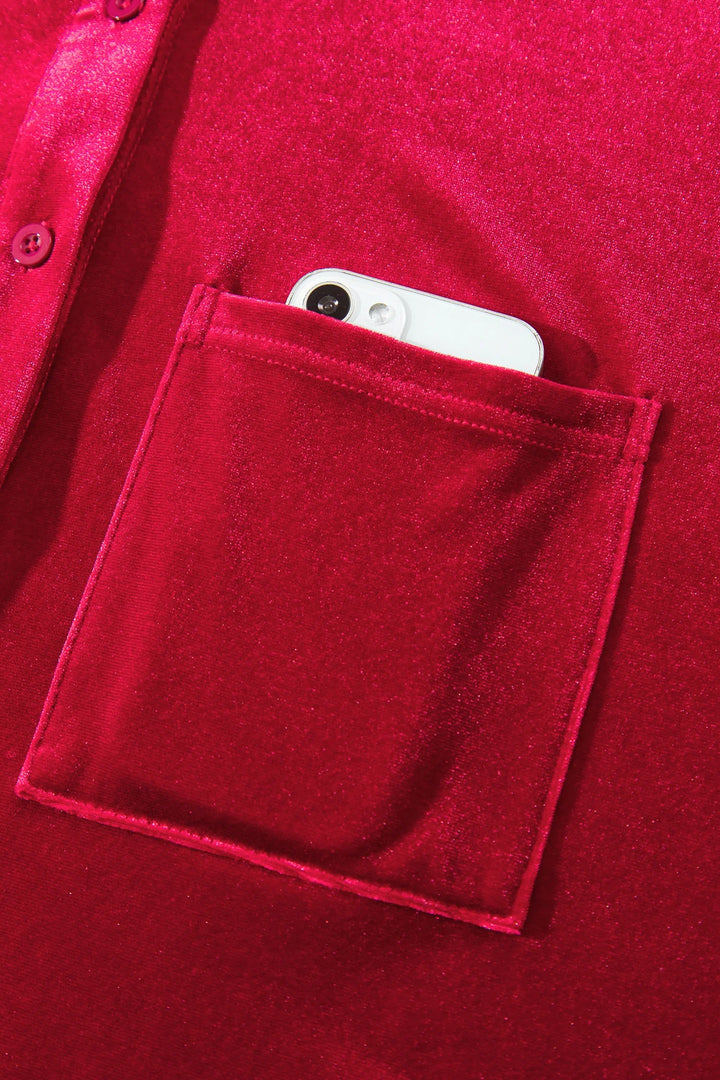 Fiery Red Soft Velvet Patch Pocket Button Down Loose Shirt