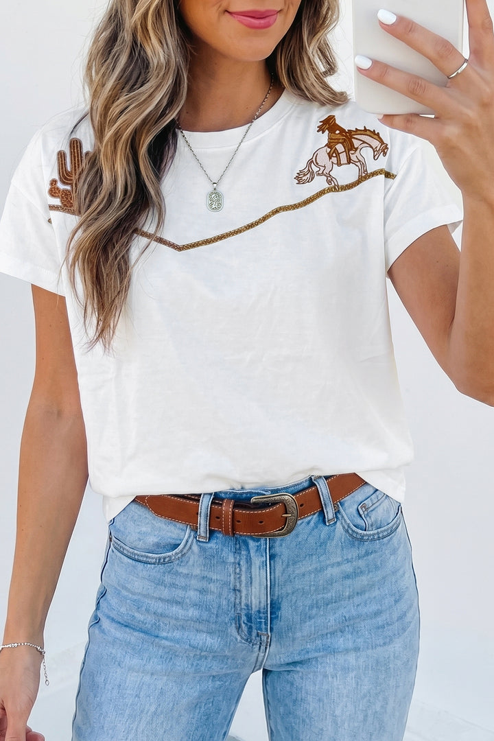 White Western Fashion Embroidered Casual Tee