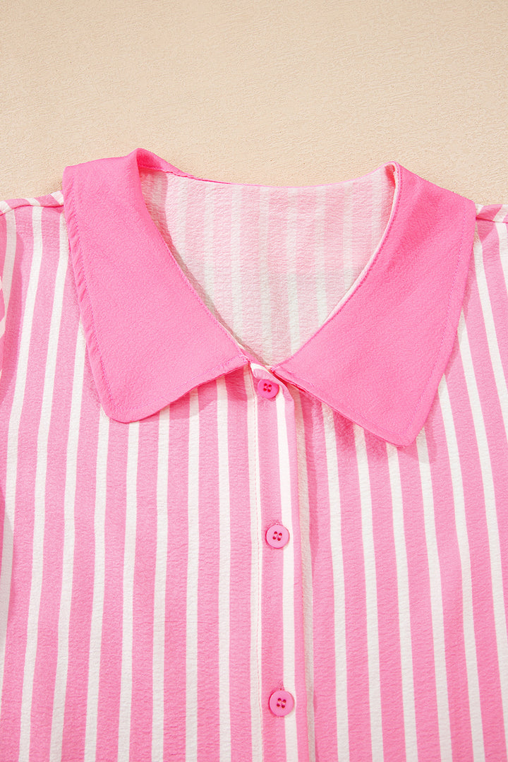 Pink Stripe Buttoned Front Long Sleeve Top and Pants 2 Piece Sleepwear