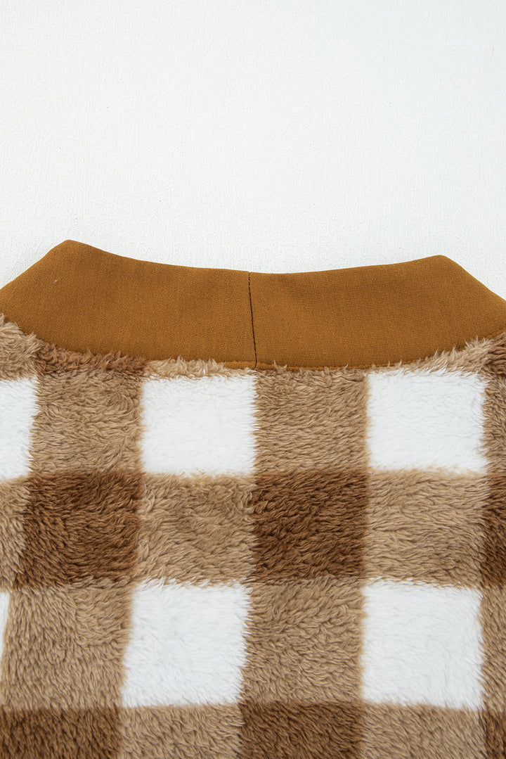 Brown Checkered Sherpa Loose Knit Cardigan with Pockets