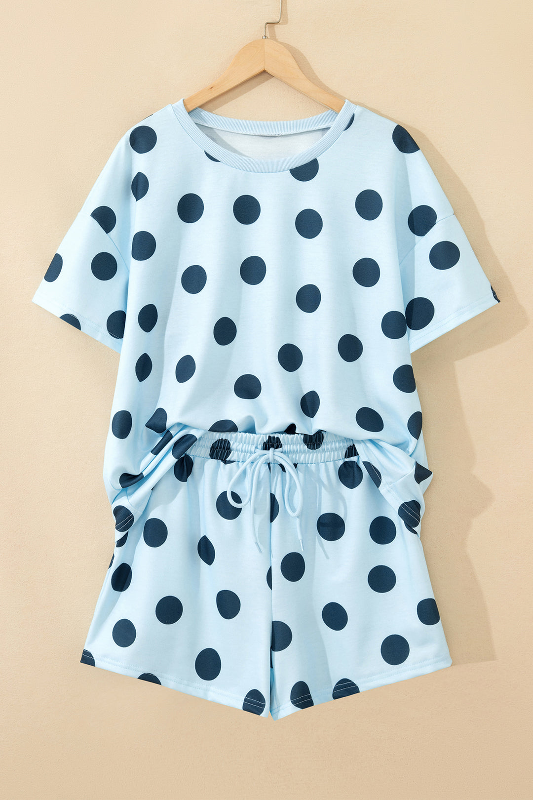 Sky Blue Polka Dot Print Loose Tee Drawstring Elastic Waist Short Set