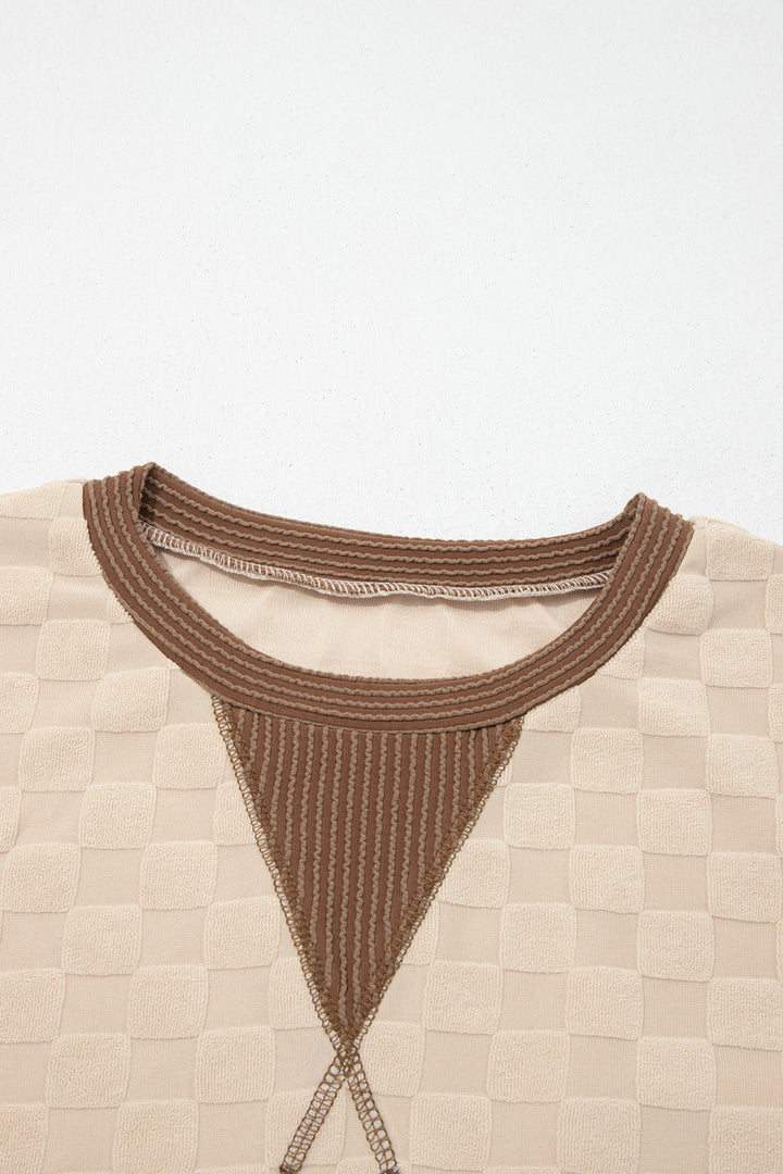 Parchment Plush Checkered Contrast Twisted Rib Long Sleeve Top