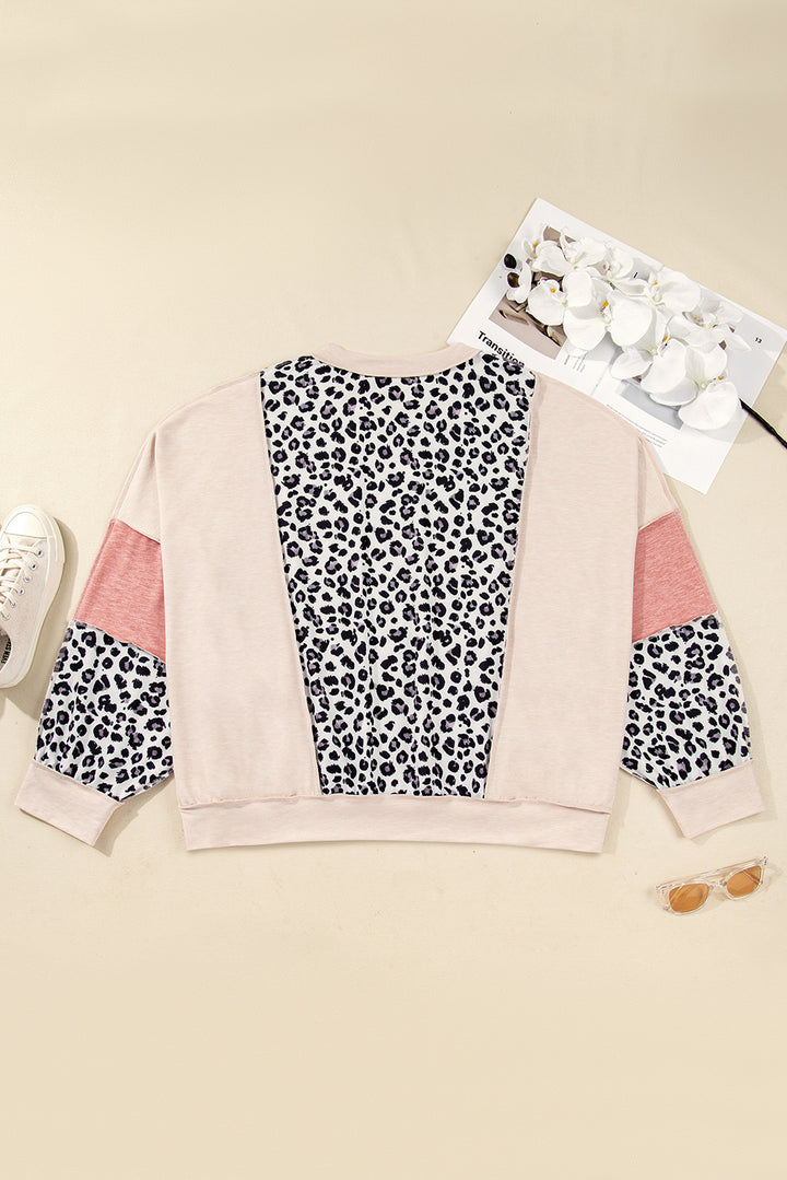 Gray Leopard Color Block Patchwork Reverse Stitch Plus Size Baggy Pullover