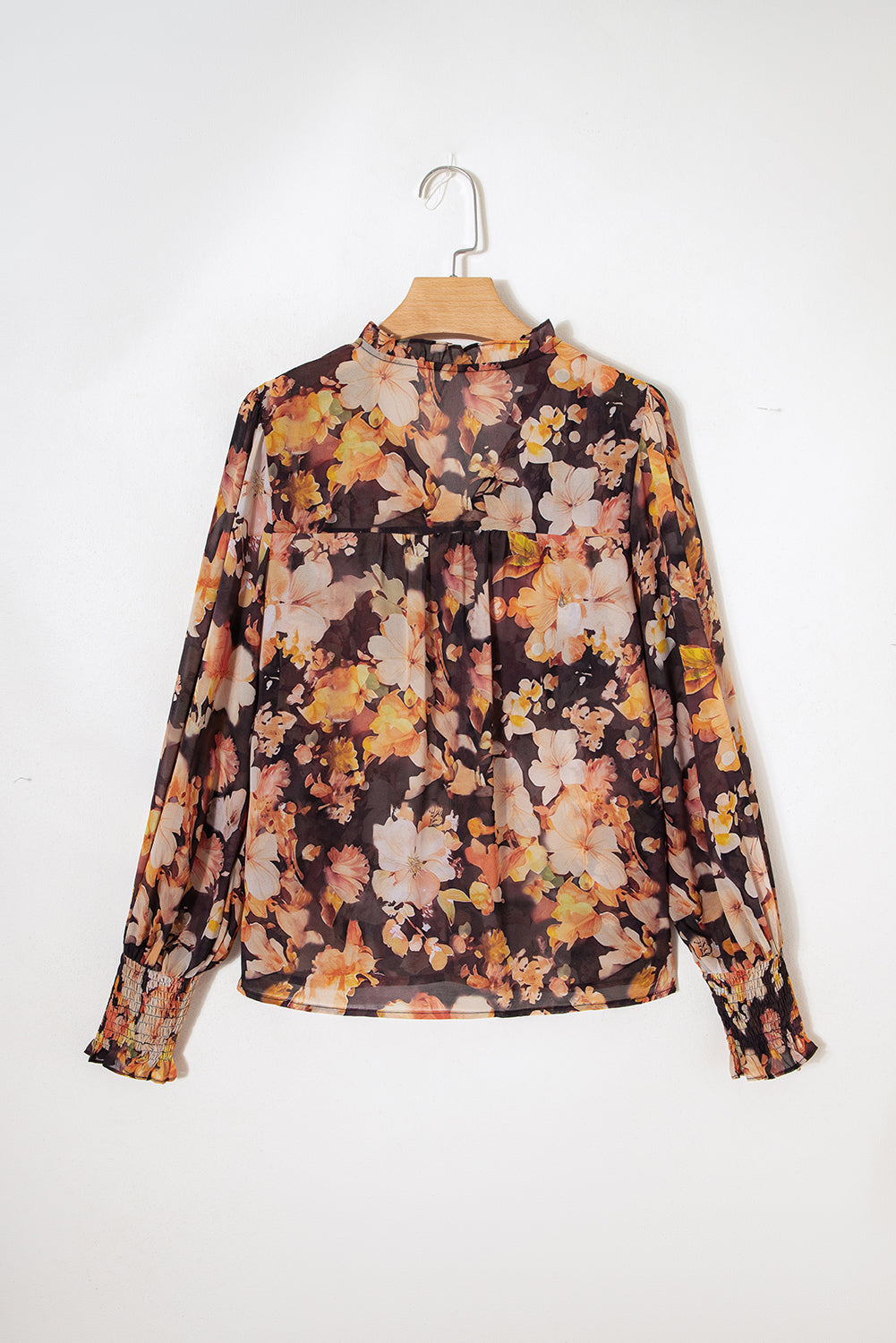 Floral V Neck Long Puff Sleeve Breezy Blouse