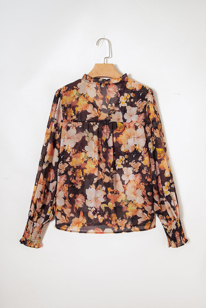 Floral V Neck Long Puff Sleeve Breezy Blouse