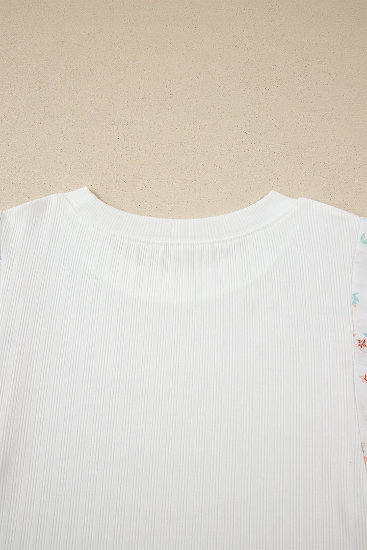 White Ribbed Texture Floral Print Half Sleeve Patchwork Top
