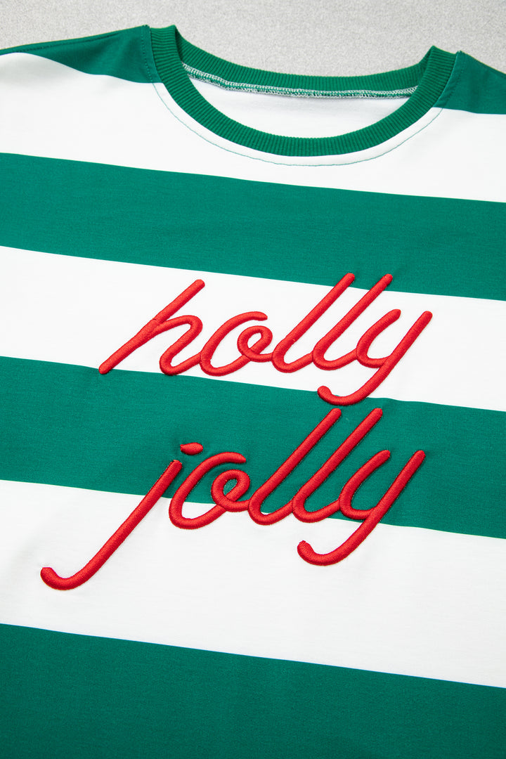 Green Stripe holly jolly Letter Embroidered Pullover Sweatshirt