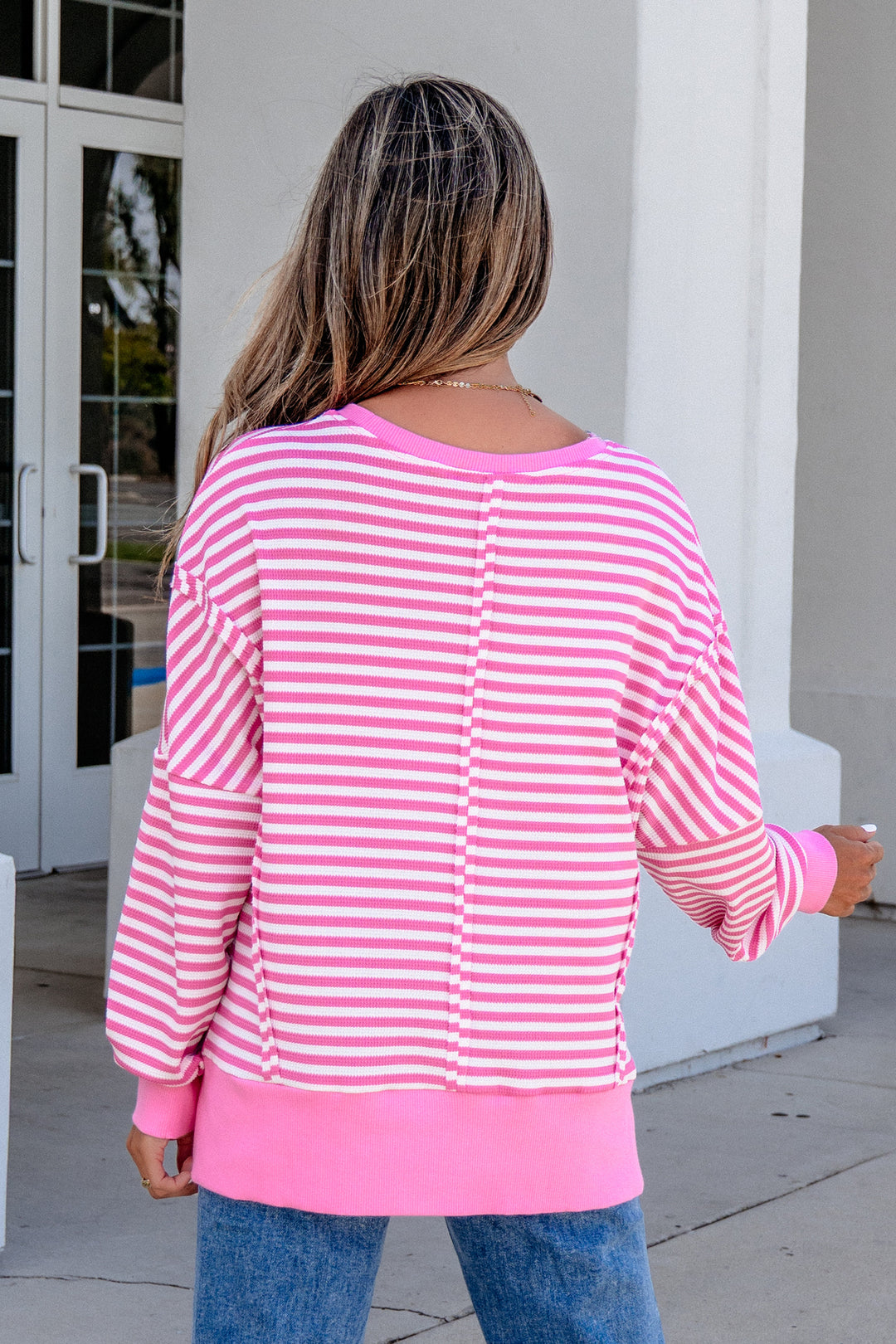 Pink Stripe Textured Knit Trim Split Hem Long Sleeve Top