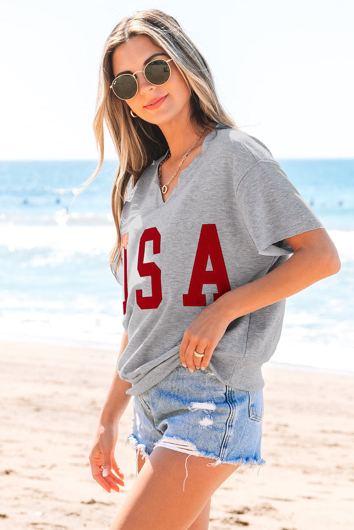 USA Lettering Patch Notched Neck Loose Tee