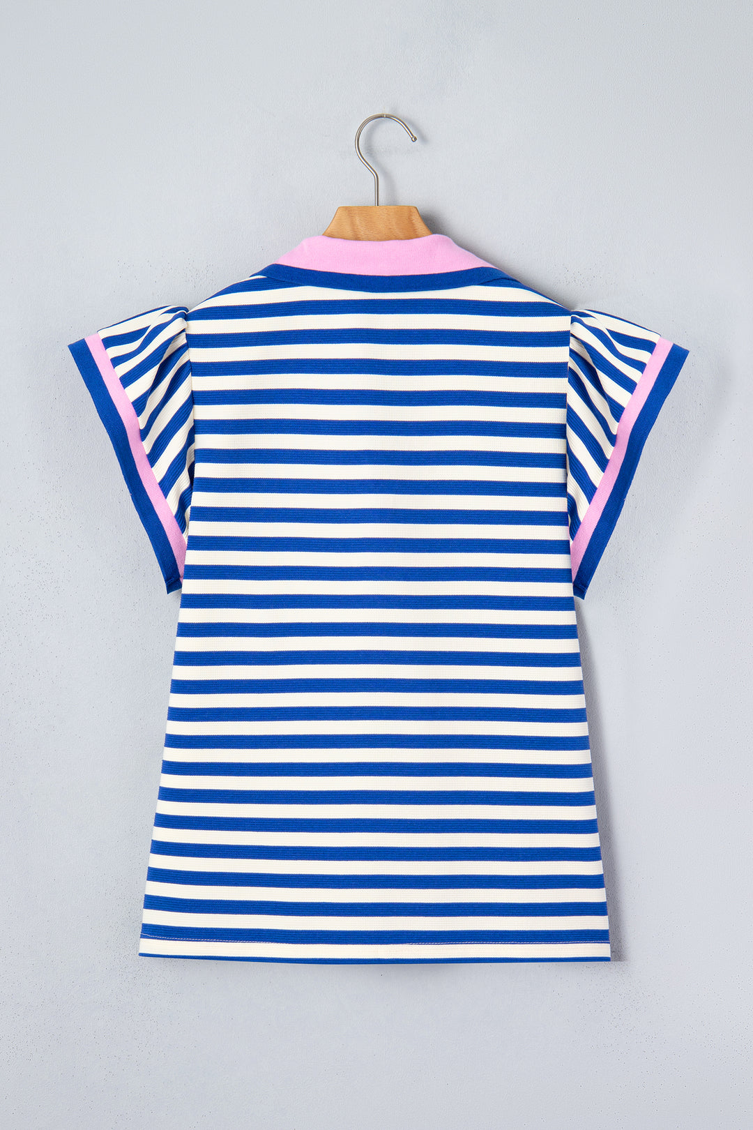 Blue Stripe Contrast Trim Polo Collar Ruffled Short Sleeve Blouse
