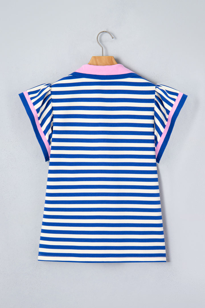 Blue Stripe Contrast Trim Polo Collar Ruffled Short Sleeve Blouse