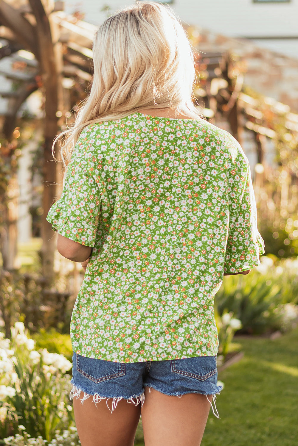 floral print ruffle sleeve v neck blouse top