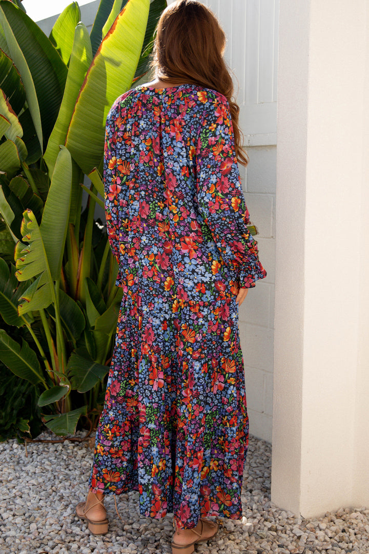 Floral Print Tassel Tie V Neck Long Sleeve Flowy Long Dress