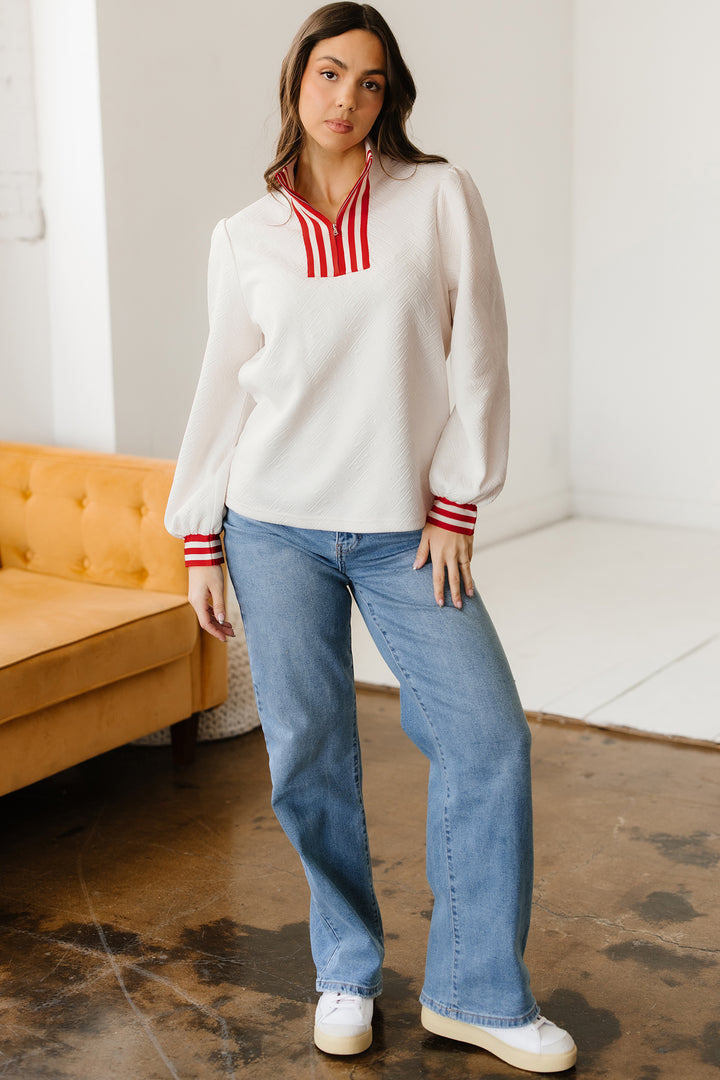 Textured Knit Contrast Striped Accent Zipped Collar Pullover Top