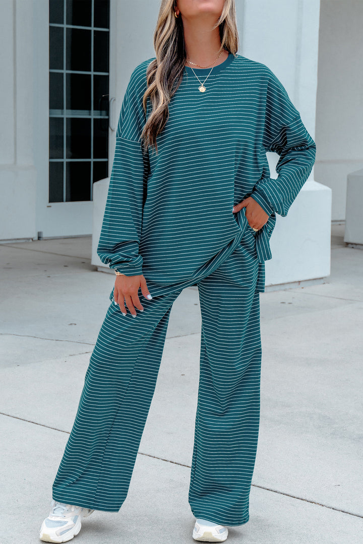 Green Stripe Dropped Shoulder Long Sleeve Top Elastic Waist Pants Casual 2pcs Set