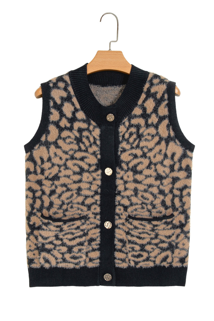 Black Leopard Print Knit Sleeveless Regular Wash Sweater Vest