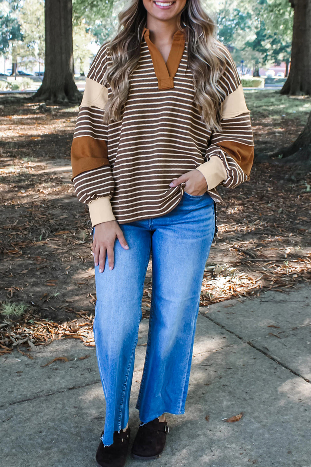 Brown Stripe Collar V Neck Color Block Detail Long Sleeve Pullover Top