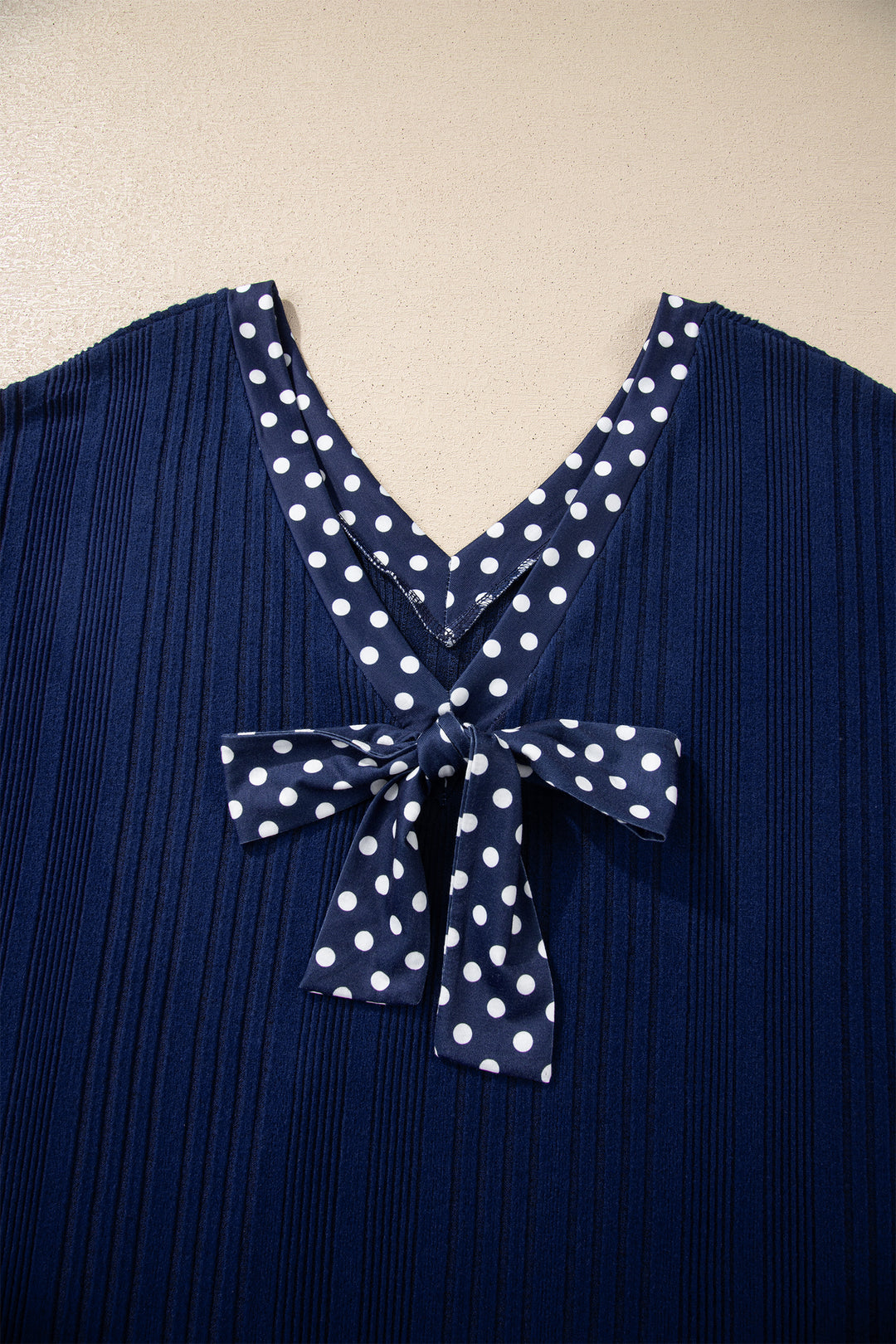 Dirty blue Polka Dot Trimmed V Neck Bow Tie Textured Ribbed Top