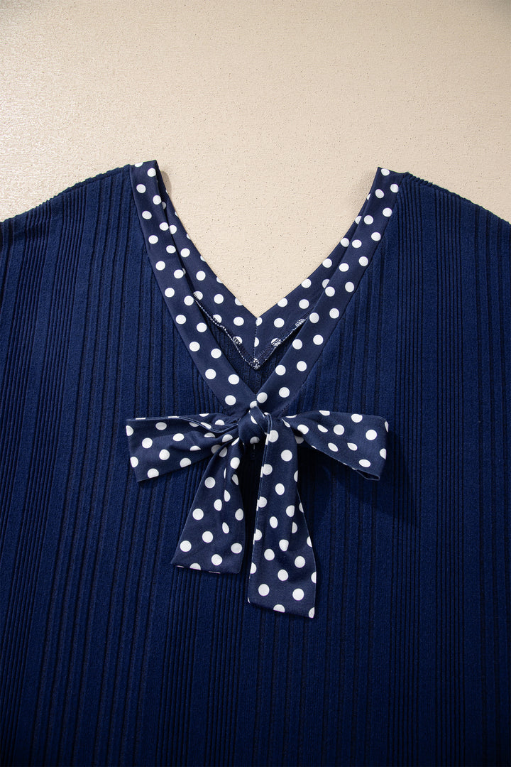 Dirty blue Polka Dot Trimmed V Neck Bow Tie Textured Ribbed Top