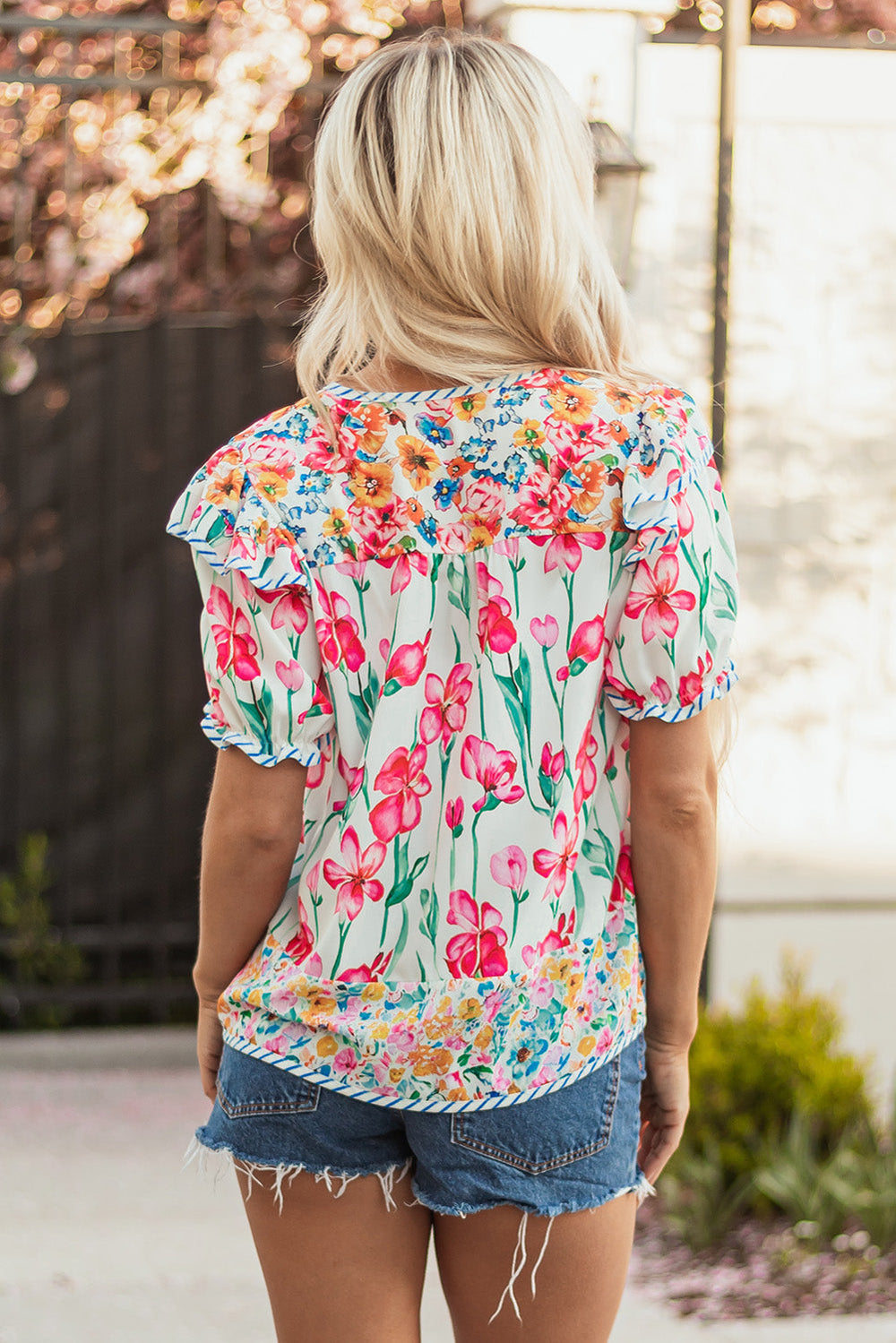 floral print striped detail split neck short sleeve blouse