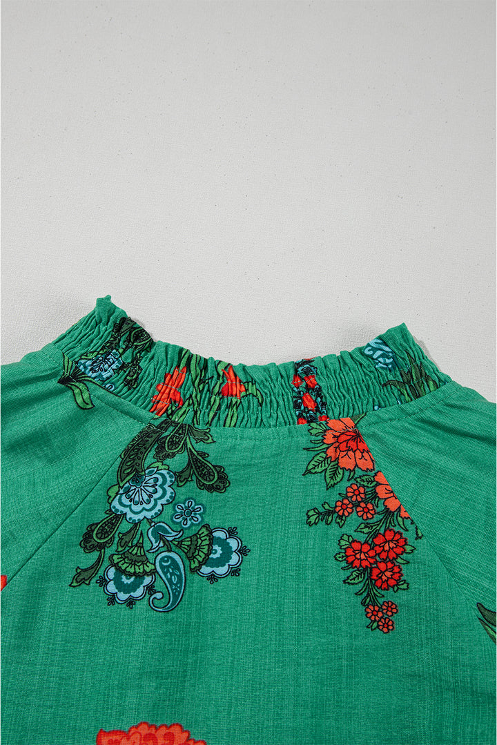 Floral Print Buttoned V Neck Short Sleeve Blouse