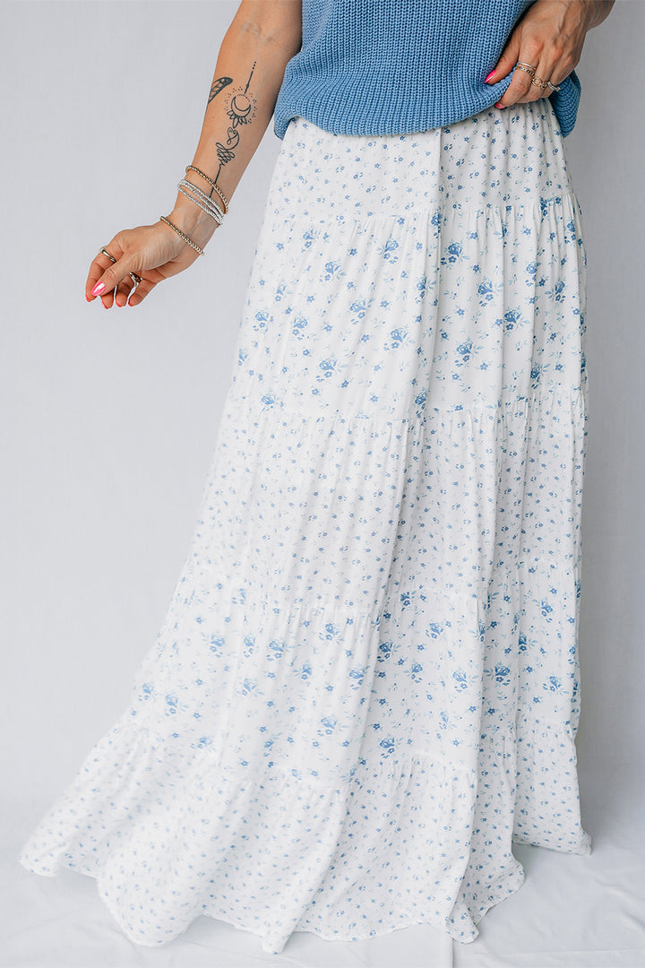 Chic Sky Blue High Waist Tiny Floral Print Boho Maxi Skirt