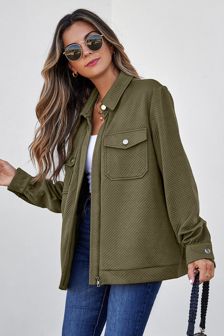 Blackish Green Zip Up Button Flap Pocket Shirt Collar Jackets