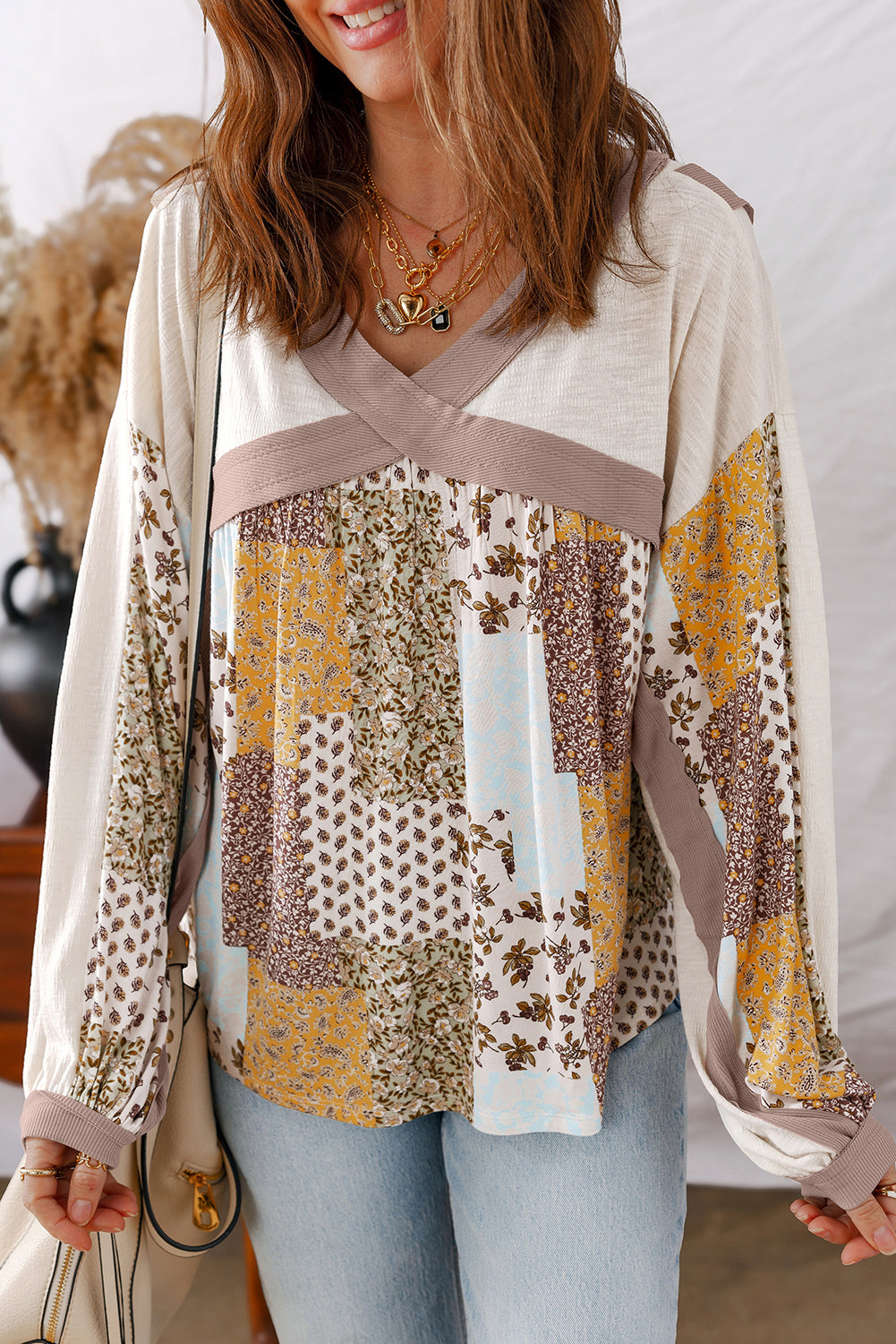 Floral Printed Contrast Patchwork Cotton Long Sleeve Top