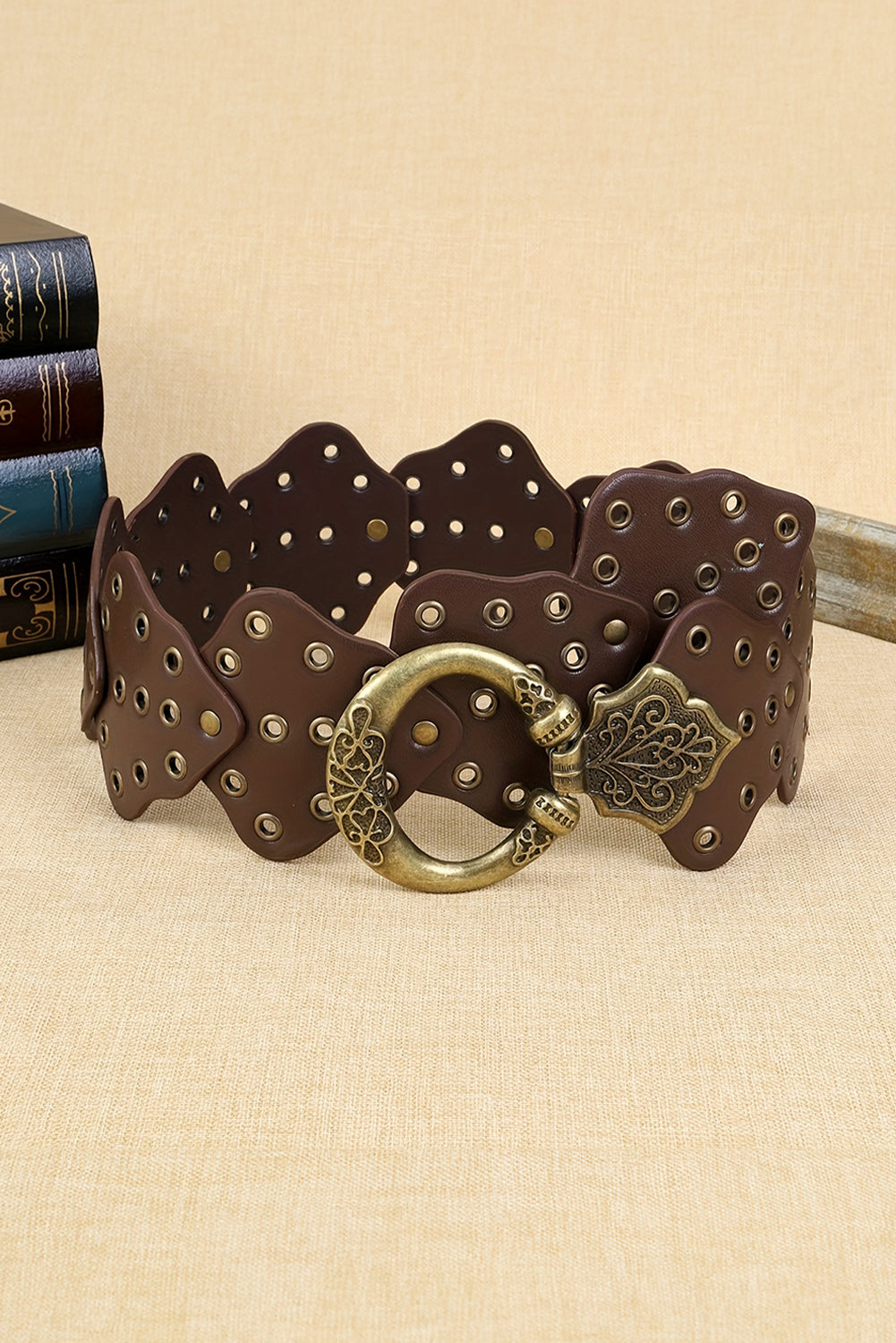 Y2K Antik Bronze Kreis Ösen Detail Western Ledergürtel