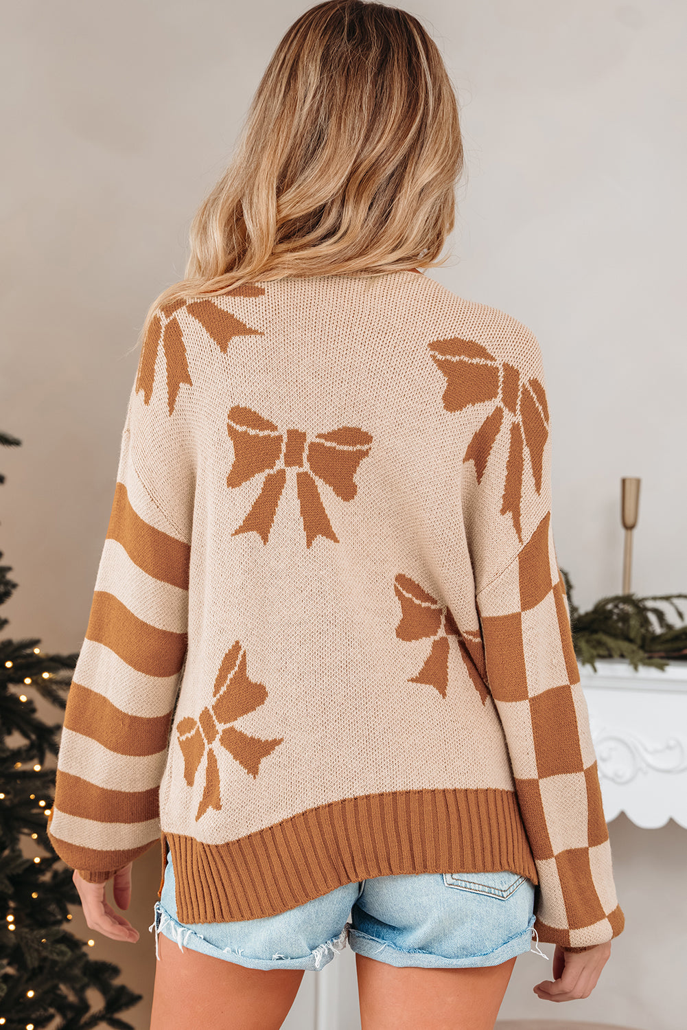 Ribbon Bow Print Checkered Striped Sleeve Drop Shoulder Sweater