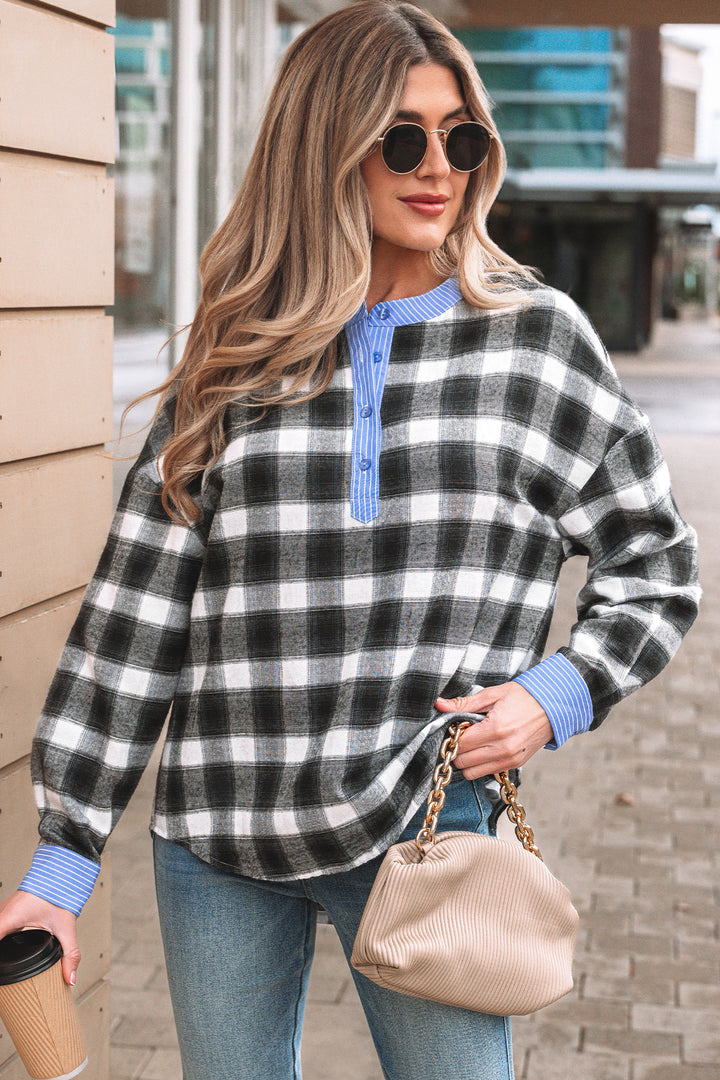 Contrast Striped Edge Half Placket Plaid Blouse