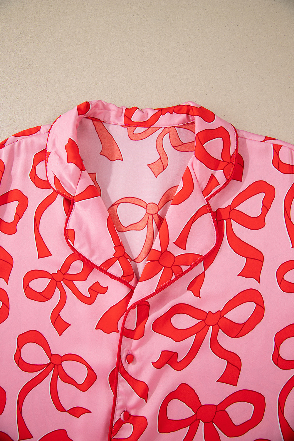 2pcs bow print shirt style long sleeve pajama set