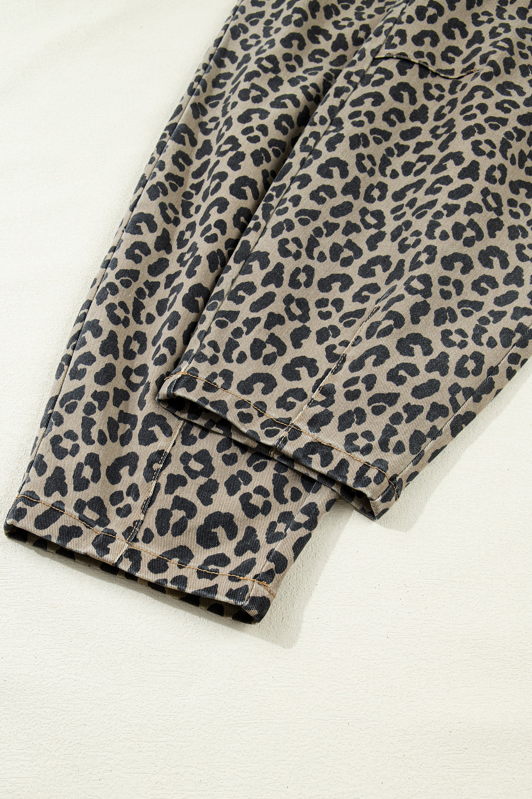 Khaki Leopard Print Drawstring Elastic Waist Loose Denim Pants with Pockets