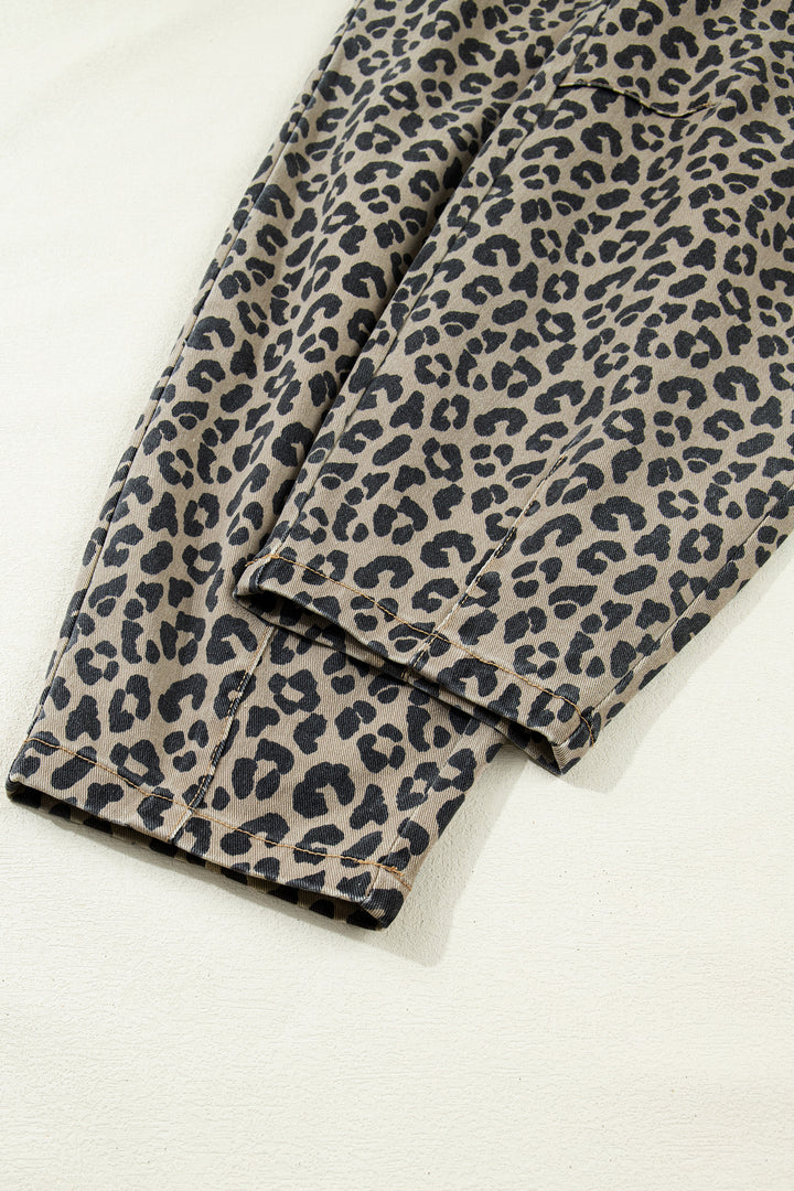 Khaki Leopard Print Drawstring Elastic Waist Loose Denim Pants with Pockets