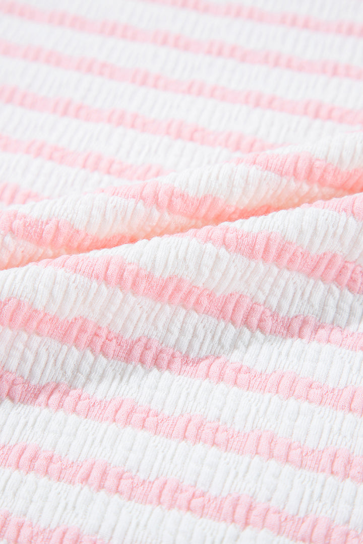 Pink Stripe Knitted Short Sleeve Top and Drawstring Shorts Set
