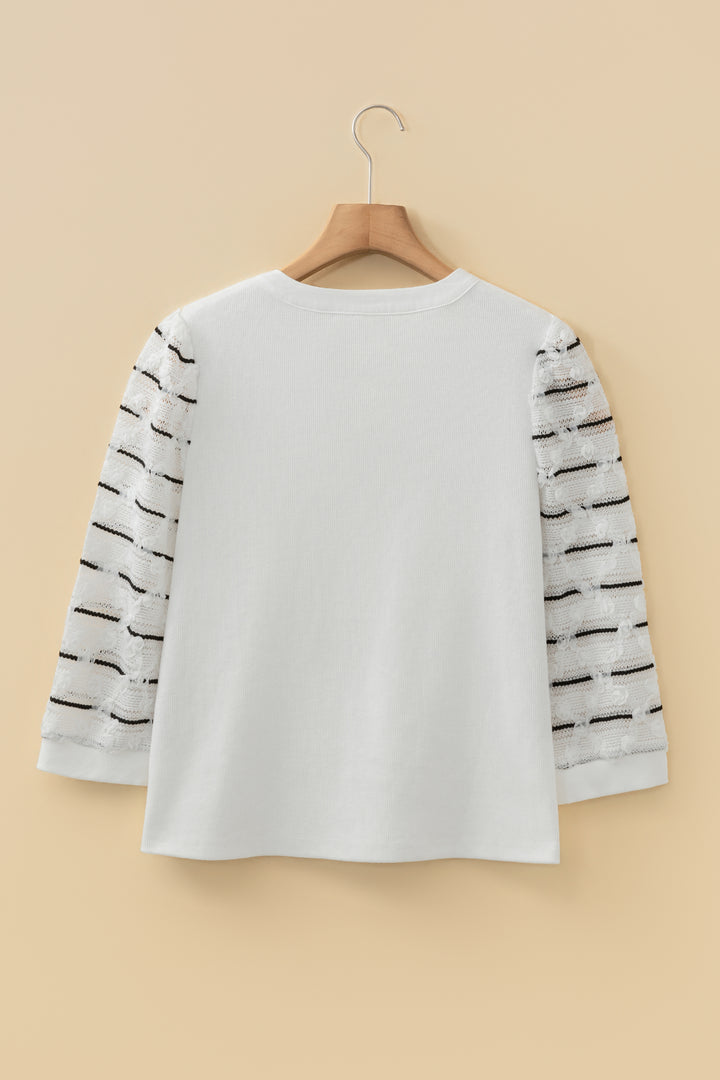 Button Placket 3/4 Striped Sleeve Patchwork Rib Knit Top