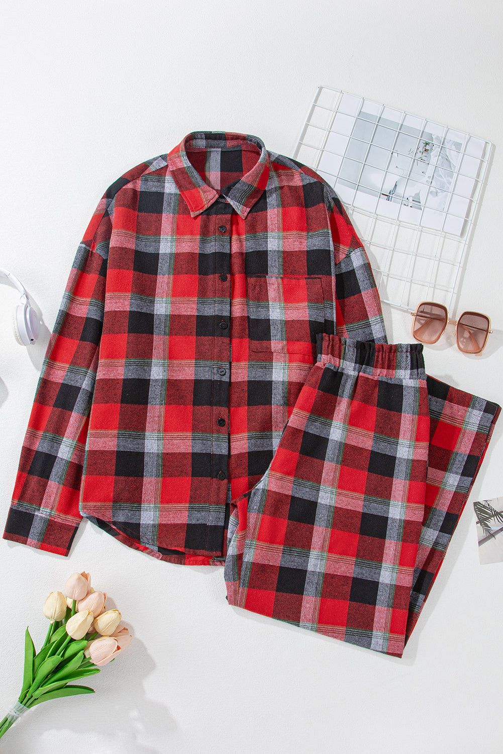 christmas checkered pattern loose shirt and pants lounge set