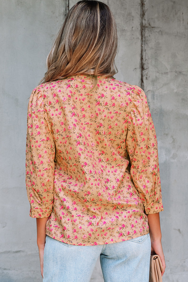 Floral Print Bow Pintuck Bust Half Puff Sleeve Blouse Top