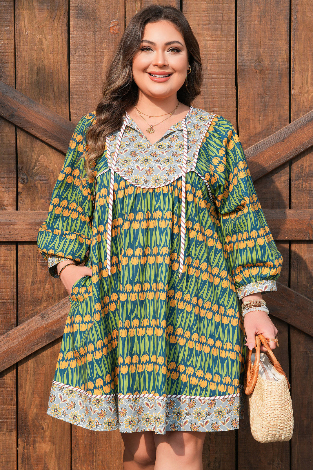 Green Plus Size Mixed Floral Print Striped Trim Loose Cotton Mini Dress
