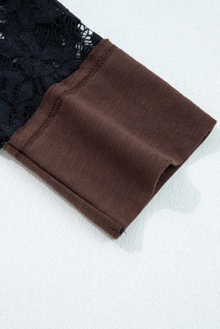 Dark Brown Sheer Lace Patchwork Casual Long Sleeve Tee