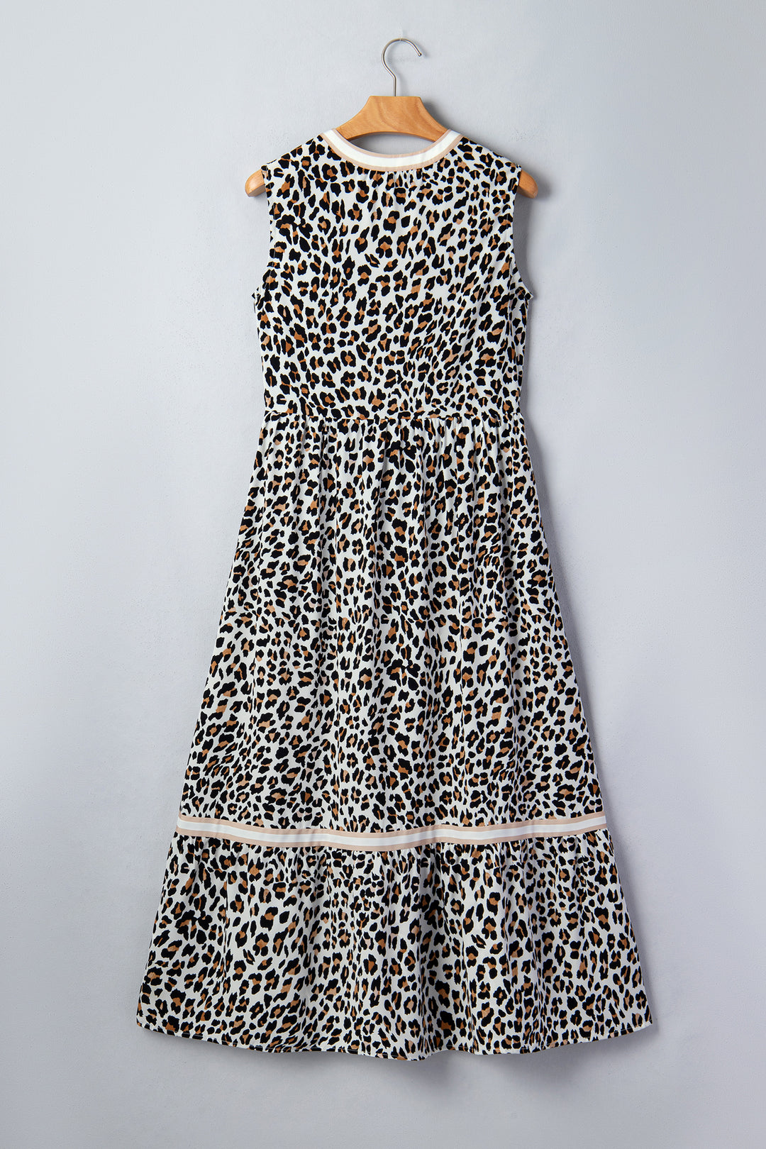 White Leopard Print Colorblock Trim Sleeveless Midi Dress