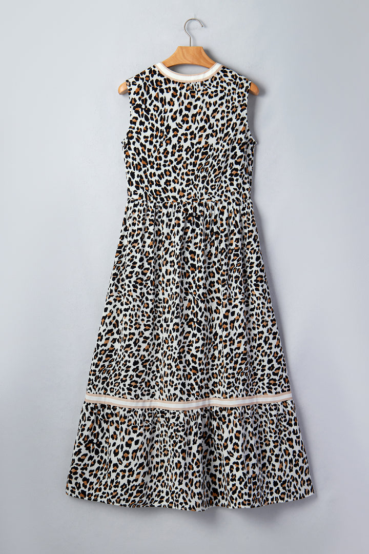 White Leopard Print Colorblock Trim Sleeveless Midi Dress