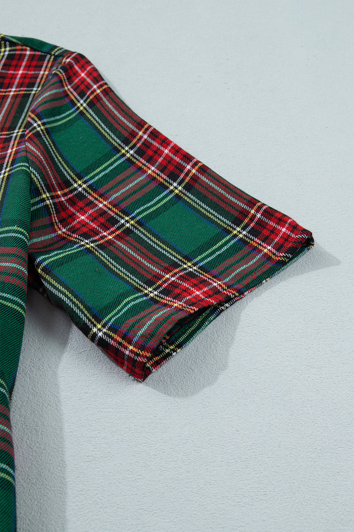 Green Plaid Button Front Short Sleeve Shift Dress