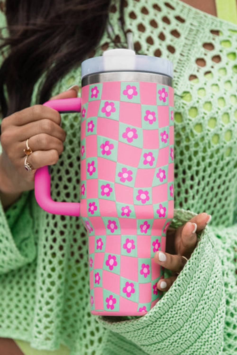 Tasse mit Blumen-Karomuster und Strohhalm, 40 oz